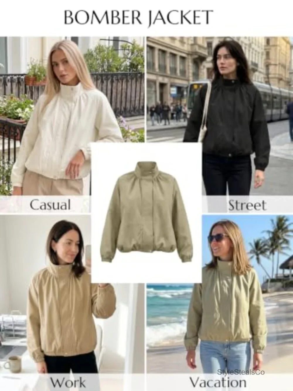 Women's Cropped Bomber Jacket Zip Up Stand Collar Casual Lightweight